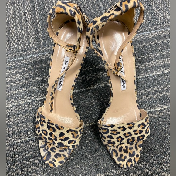 Manolo Blahnik Chaos Suede Leopard Print High Heel Sandals Size 38.5 - Picture 6 of 7